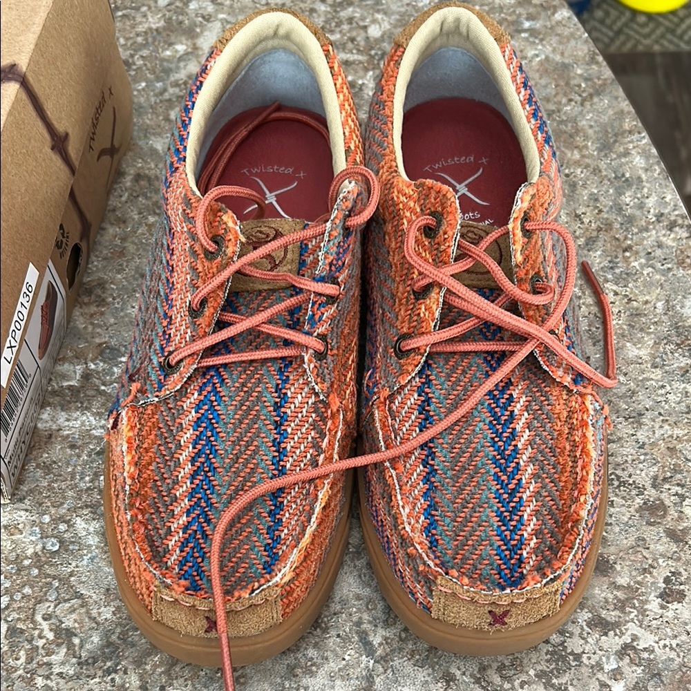 Twisted X Orange and Blue Moccasins with Woven Textile Pattern